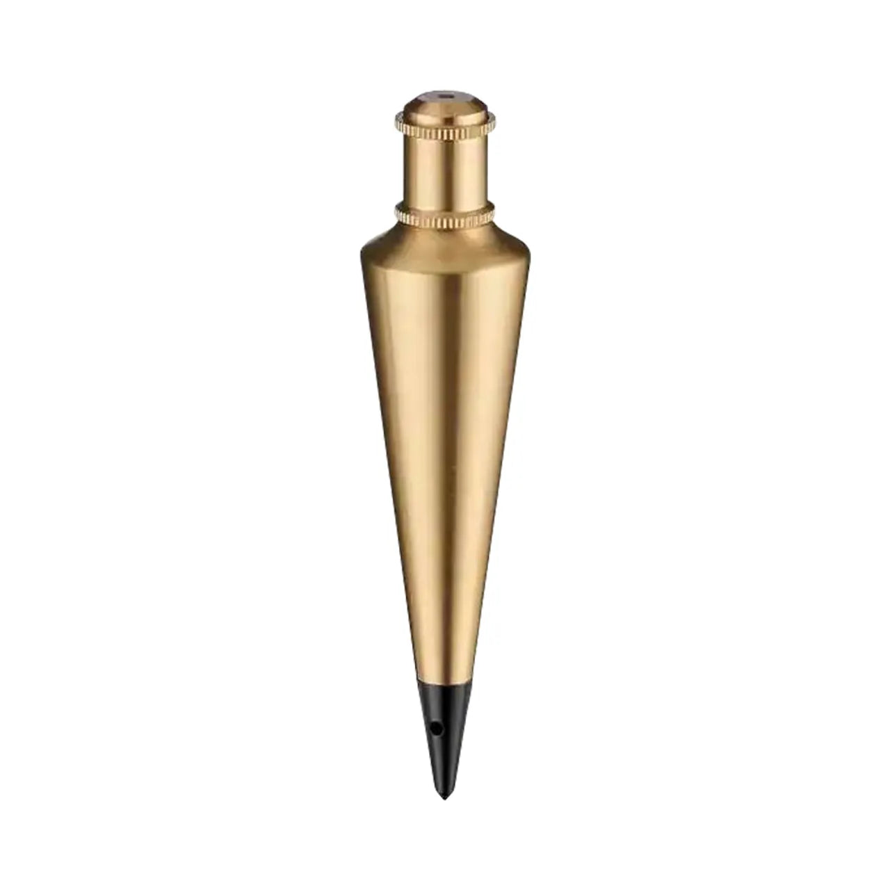 The Go Build 8 oz. Brass Plumb Bob by The Fastest Way To Build features solid brass construction, a conical gold body, and a black pointed tip, shown isolated on a white background.