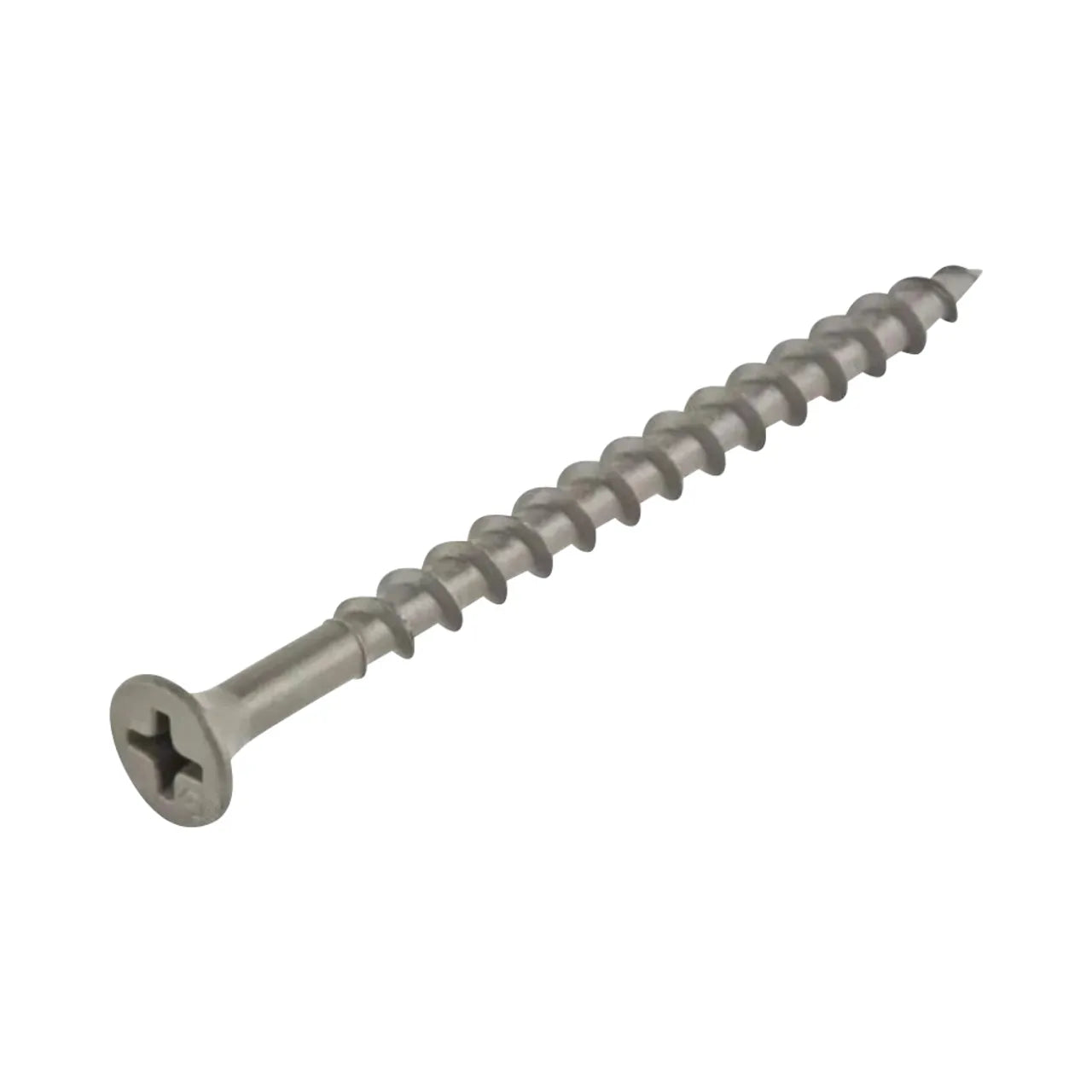 A single #8 x 3 in. Philips Bugle Head Wood Deck Screw by Go Build, The Fastest Way To Build, with extra sharp threads and a pointed tip, is shown on a white background. Pack contains 196 screws.