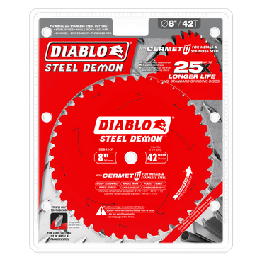 Image of a DIABLO D0842CF Steel Demon saw blade in packaging. This red 8 Cermet II blade, with 42 teeth, excels at cutting thick metals like stainless steel and boasts a 25% longer life due to advanced technology.