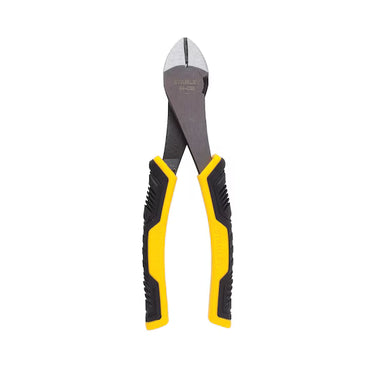 The STANLEY 7 IN PLIERS BI-MATERIAL DIAGONAL, with black and yellow ergonomic handles and sharp metal jaws for wire cutting, are precision tools shown against a white background.