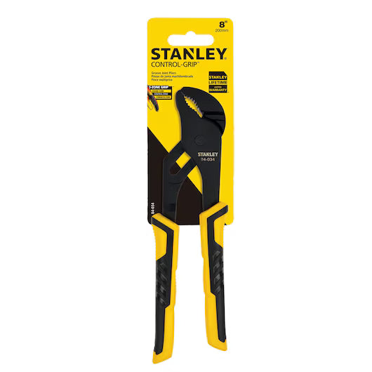 STANLEY 8 IN GROOVE JOINT PLIERS offer an adjustable jaw design in black and yellow, shown in retail packaging with clear product details and branding visible.