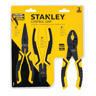 The STANLEY 3 PC BIMAT PLIERS SET includes long nose, diagonal, and slip joint pliers with ergonomic handles and hardened steel jaws, all in black and yellow packaging for durability and comfort.