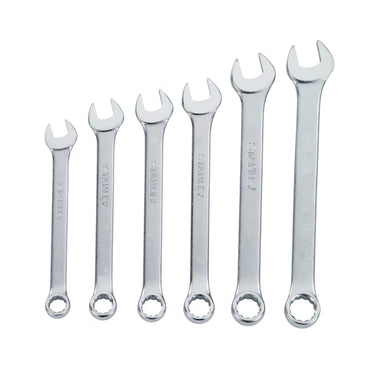 The STANLEY COMBINATION WRENCH SET SAE (6 PC) includes six durable Chrome Vanadium Steel wrenches, each with open and ring ends, arranged from smallest to largest for versatile use.