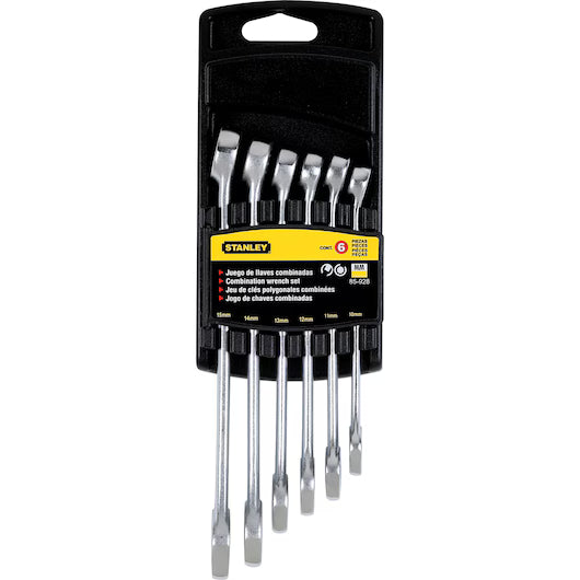 The STANLEY® Combination Wrench Set Metric, 6 pc., features durable chrome vanadium steel wrenches in various sizes, neatly organized in a black plastic holder with a yellow and black STANLEY label.