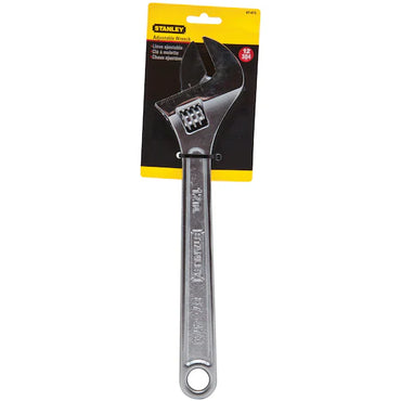 A STANLEY WRENCH ADJUSTABLE 12 in silver alloy steel, featuring a handle hole, is attached to black and yellow packaging and labeled for plumbing use.