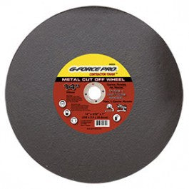 Image of a G FORCE 44354 metal cutting blade. The round, gray disc features efficient cutting design with a red center label showing 14 in diameter and metal cut-off wheel for all-purpose steel cutting.