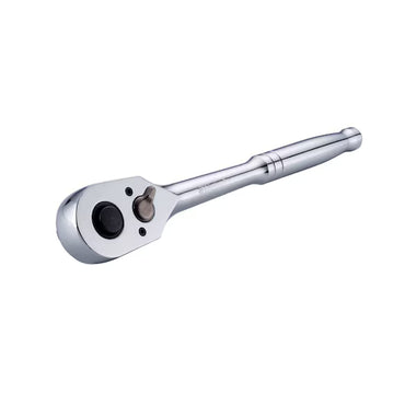 The STANLEY 1/2 IN DRIVE PEAR HEAD QUICK RELEASE™ RATCHET, featuring a silver metal pear head and round design, is displayed on a white background.
