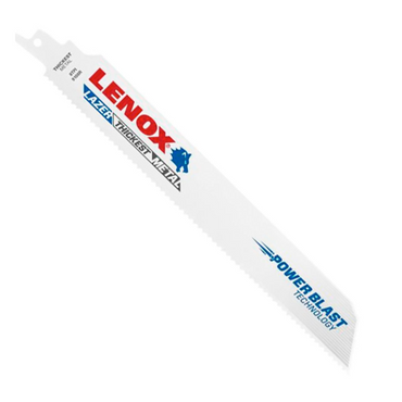 The LENOX Bi-Metal 9 in. Reciprocating Saw Blade (5-Pack) features LENOX and LAZER TOUGHEST METAL labels, POWER BLAST TECHNOLOGY, blue graphics, and a bold panther head logo.