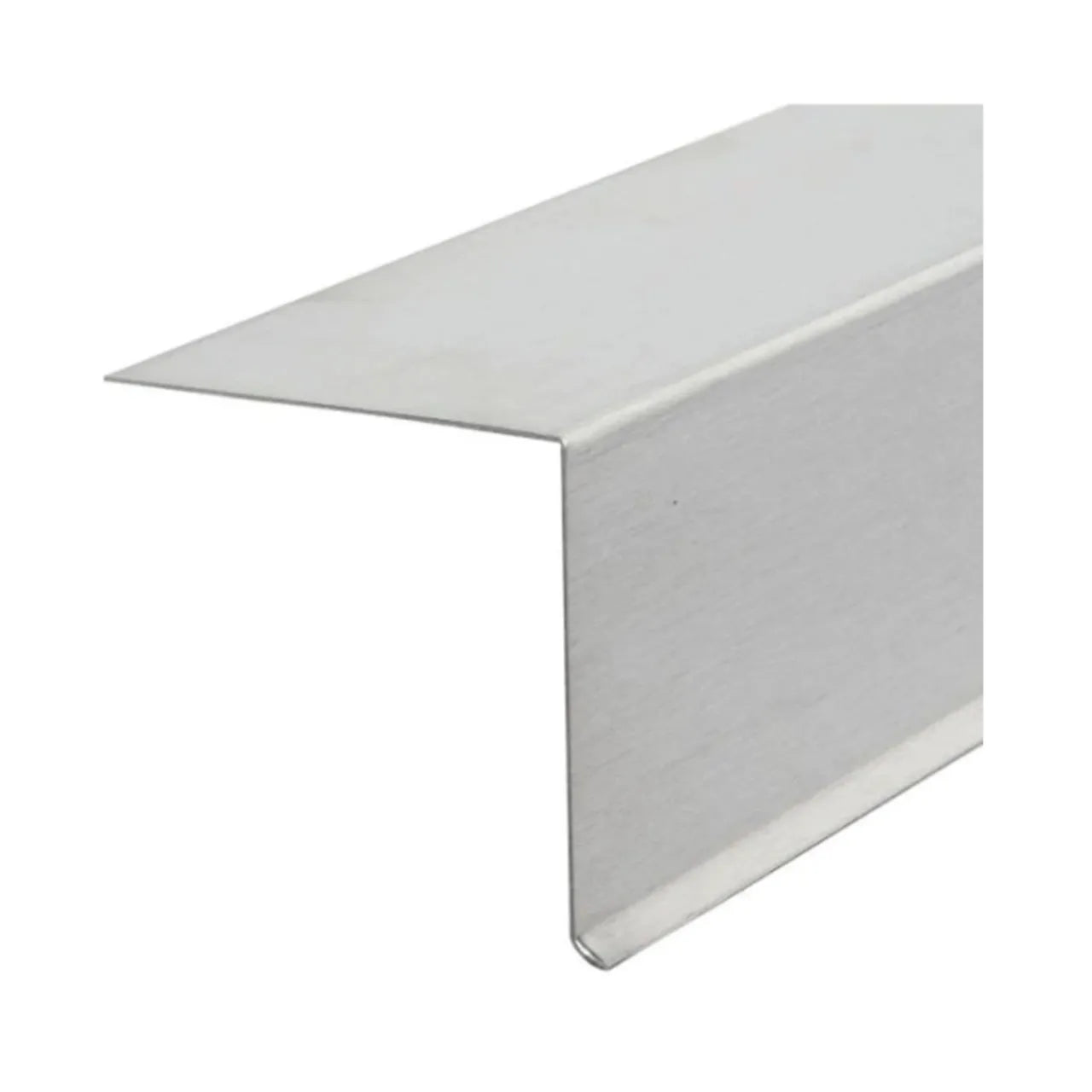A close-up of Go Build’s 3 in. x 10 ft. C6 Aluminum Drip Edge Flashing in Mill Finish, an L-shaped piece of brushed metal, shown against a plain white background.