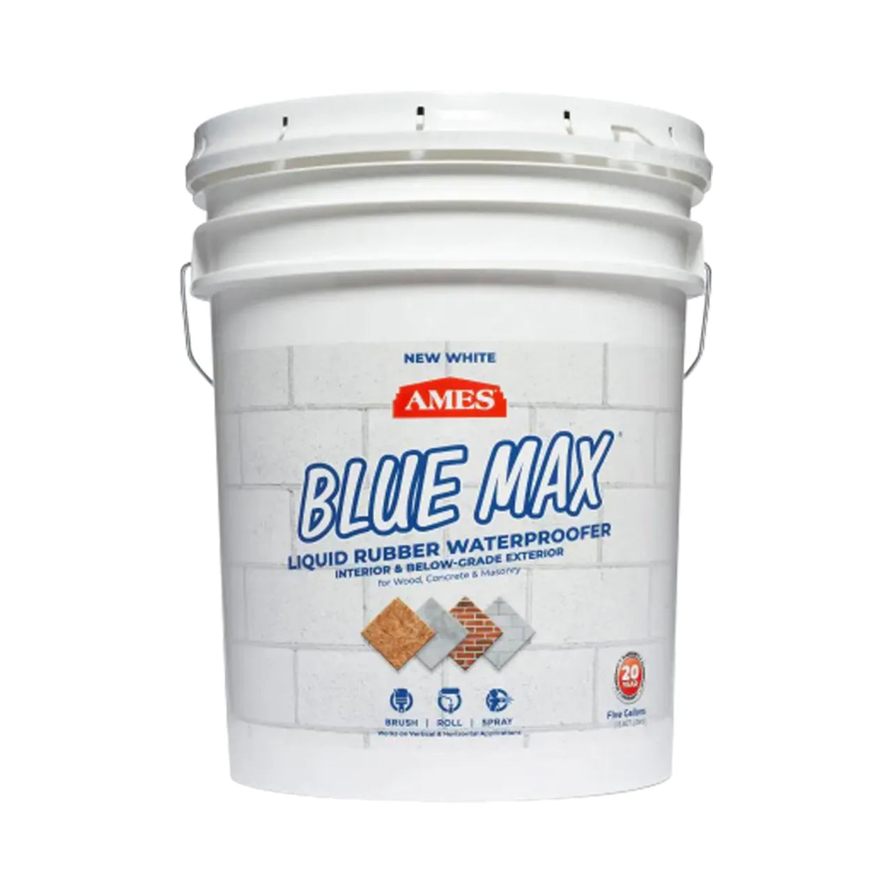 A white 5-gallon bucket of Go Build Blue Max Basement Waterproofing Sealer Regular Grade features blue and red branding with images of tile and brick on a white brick wall, ideal for foundation waterproofing and mold prevention.
