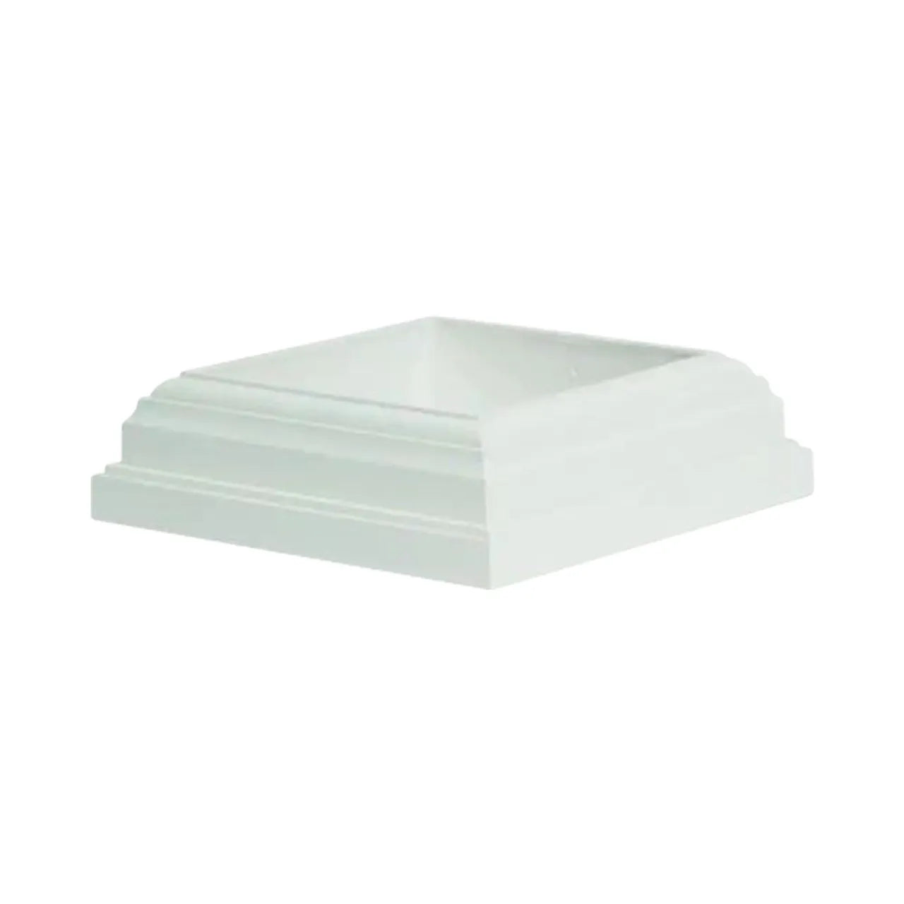 The Go Build ArmorGuard 4 in. x 4 in. Post Sleeve Base Moulding - White features a square, stepped design with beveled edges, ideal for finishing columns or posts in architectural applications.