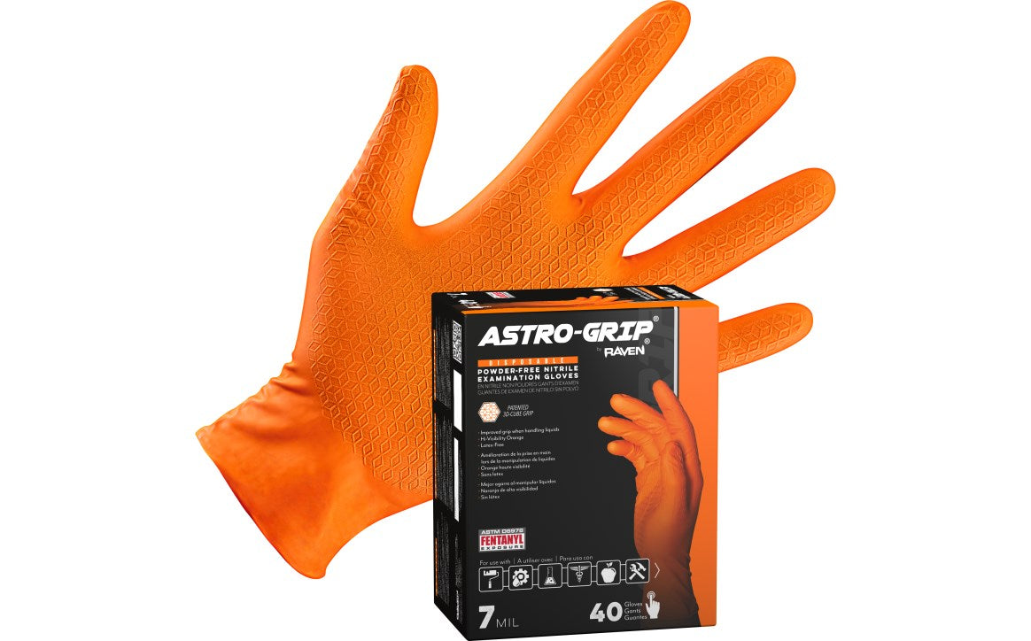 An orange textured nitrile glove is displayed behind a black SAS box labeled “Astro-Grip Powder-Free Exam Grade Nitrile Disposable Gloves - 7 Mil - 40PK L”; the glove matches the one pictured on the box.