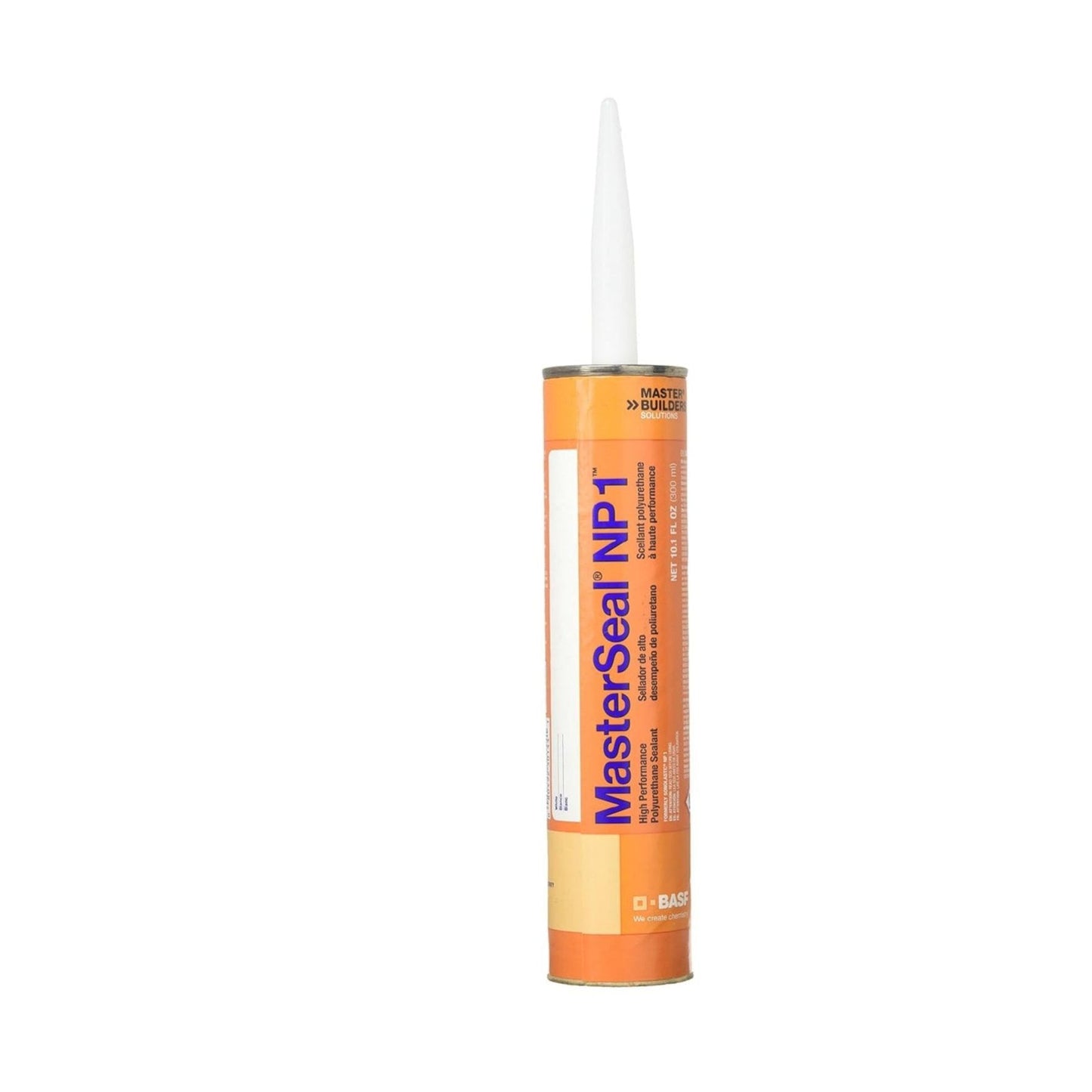 A white BASF MasterSeal NP1 Elastomeric Polyurethane Sealant, 10.1 oz tube, with an upright orange body and white nozzle features blue and white text detailing, perfect for expansion joint applications.