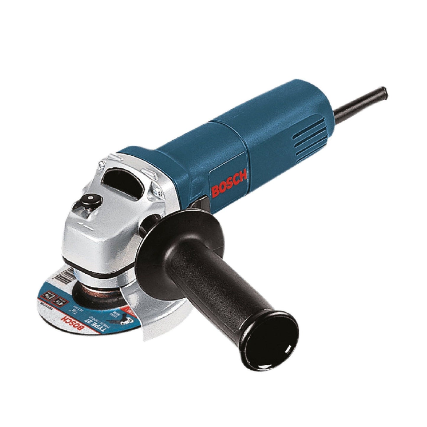 The BOSCH 1375A 4-1/2 in. 6.0 Amp Angle Grinder showcases a stylish blue and black design with a silver disc cover, right-sided handle, and black power cord at the back, featuring Boschs signature on its side as a testament to its reliability.