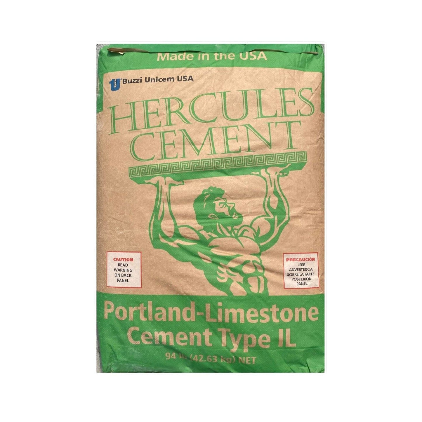 BUZZI Hercules 94 lb. Portland-Limestone Cement Type IL features an illustration of a muscular figure with a beam. It highlights Made in the USA and Used within USA, complies with ASTM C150, and supports global climate change efforts.