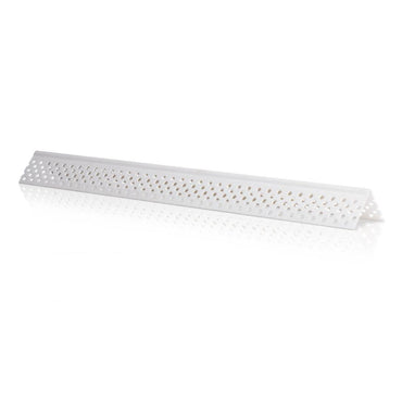 Photo of a long, white perforated angle bracket set against a plain background, similar to the ClarkDietrich VLCB-10 PRO-90 corner bead. It has a triangular shape with evenly spaced holes for improved joint compound bonding.
