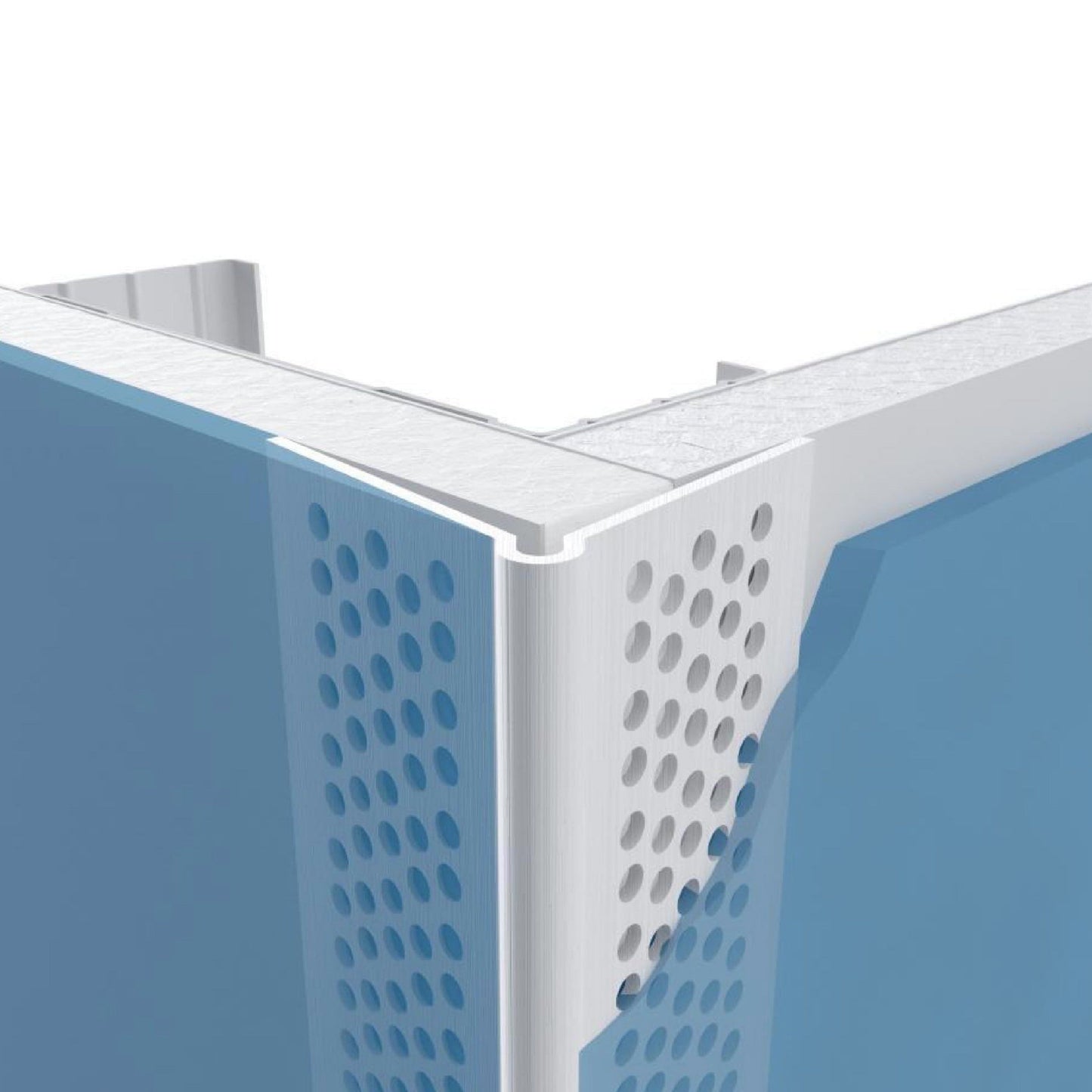 A white panel with round perforations connects stylishly to a blue panel using ClarkDietrichs CLARKDIETRICH VLCB-10 PRO-90 1-1/4 in. x 10 ft. Vinyl Corner Bead, forming a right angle that showcases their innovative design and sturdy intersection.