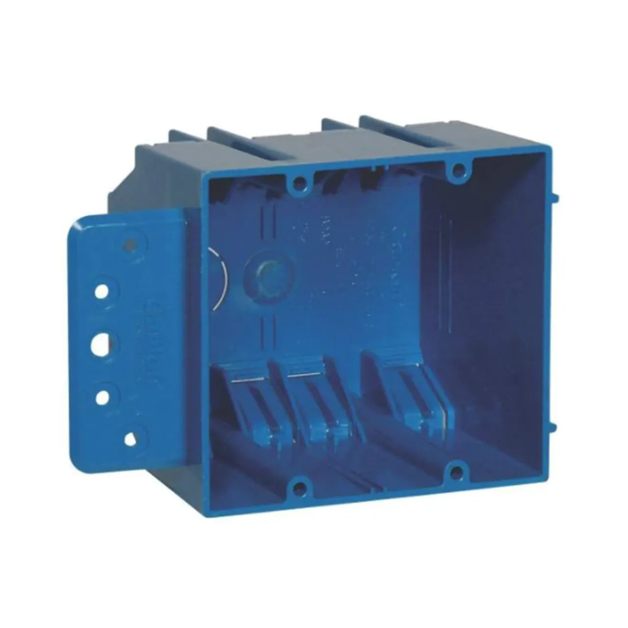 The Go Build 2-Gang 32 cu. in. PVC New Work Electrical Box with Flange is designed for wall installation in new construction, holds switches or outlets, and features rear cable entry slots for easy wiring.