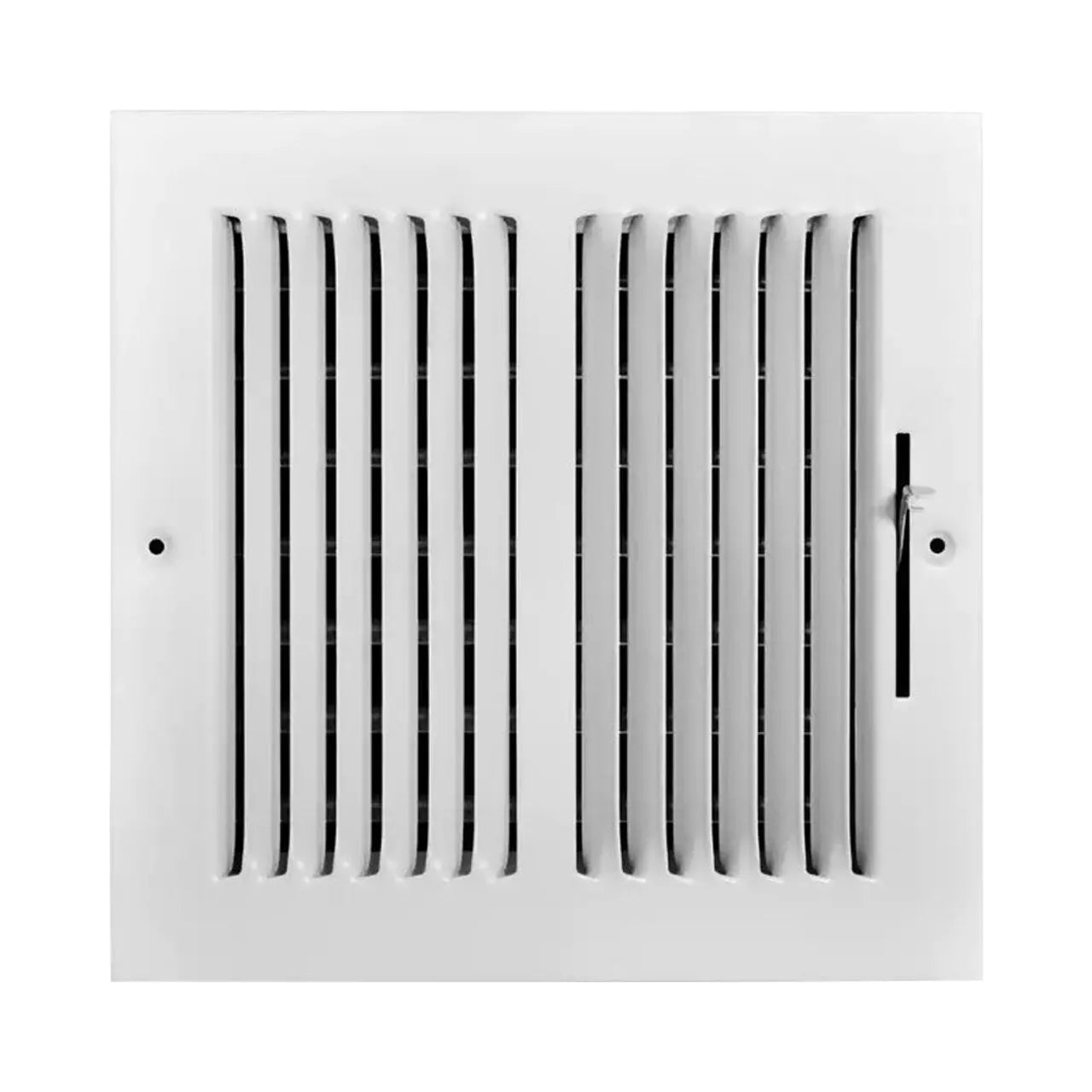 The Go Build 8 in. x 8 in. 2-Way Steel Wall/Ceiling Register features vertical slats and an adjustable lever for airflow control, shown in white against a plain background.