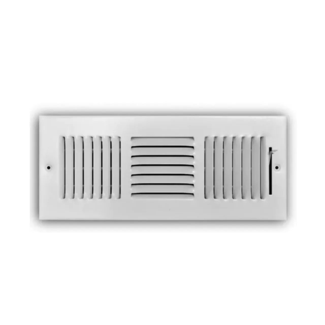 The Go Build 12 in. x 4 in. 3-Way Steel Wall/Ceiling Register in white features horizontal and vertical slats for airflow control and two screw holes on each side, ideal for venting needs.