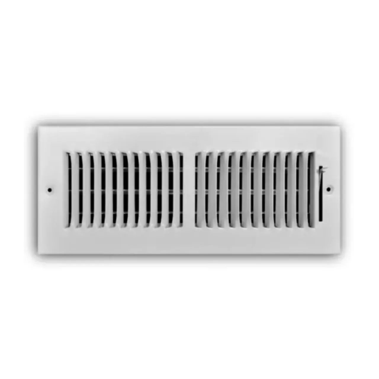 The Go Build 12 in. x 4 in. 2-Way Steel Wall/Ceiling Register in white features vertical slats and dual screw holes for airflow control, shown mounted against a white background.