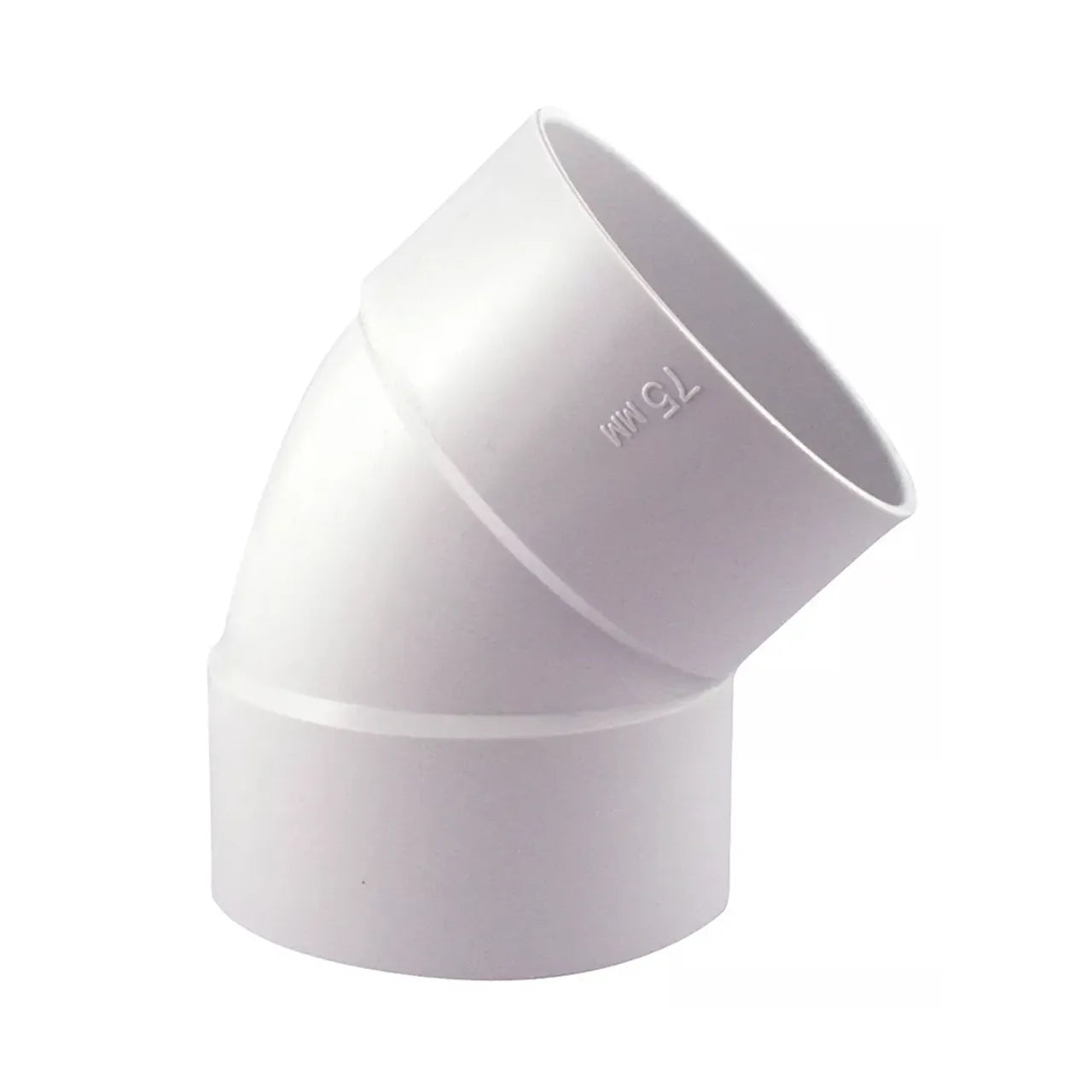A white Go Build 3 in. PVC 45-Degree Elbow, marked with 75 MM for its diameter, connects pipes in plumbing. The DWV fitting is shown against a plain white background.