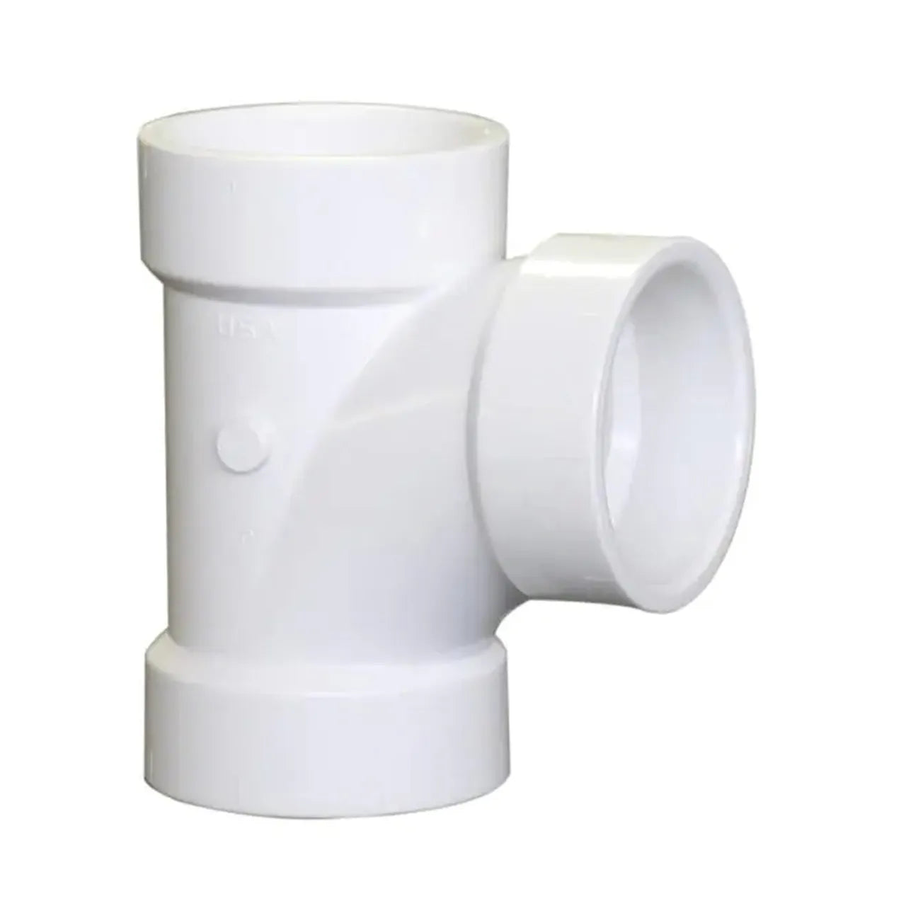 A white 3 in. PVC Sanitary Tee All Hub by Go Build, The Fastest Way To Build, is a T-shaped plastic fitting used to join three pipe sections at right angles in sanitary drain or gravity-fed waste systems.