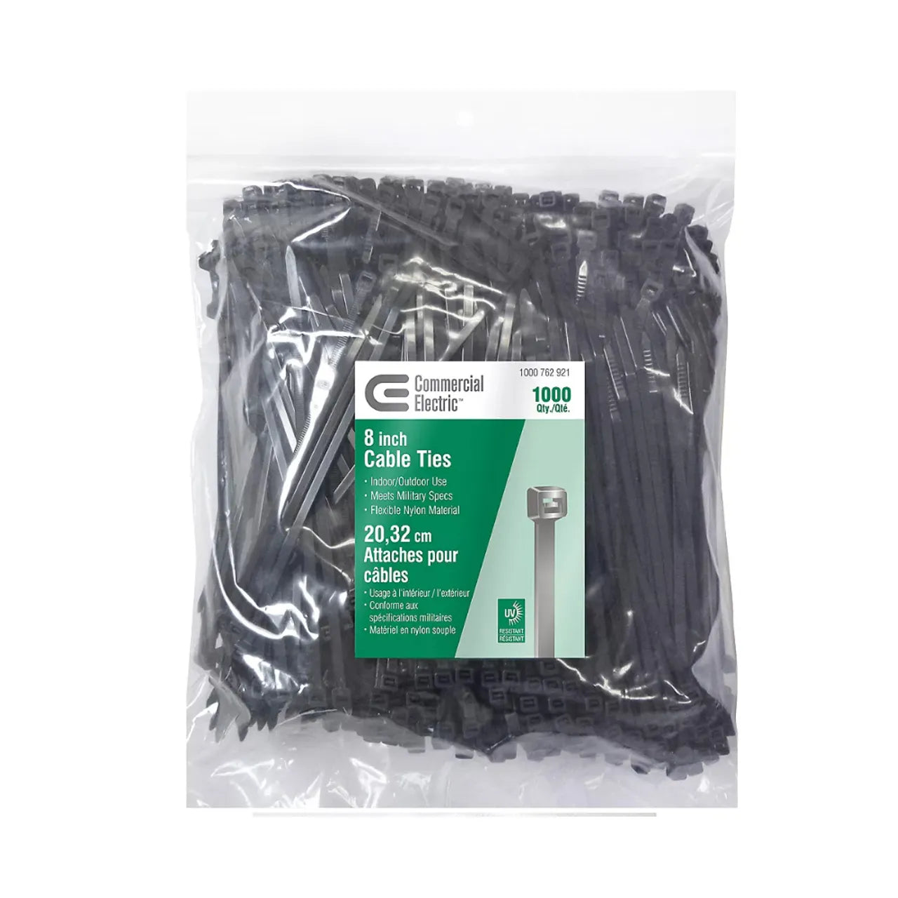 A clear plastic bag contains 1,000 Go Build Commercial Electric 8 in. Cable Ties - Black, with a green and white bilingual (English/French) label. Brand: Go Build, The Fastest Way To Build.