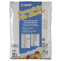 A 50 lb. bag of Go Build Porcelain Thinset Mortar - White, polymer-enriched for walls, floors, interior/exterior use; ideal for glass tile installation. Branded as The Fastest Way To Build.