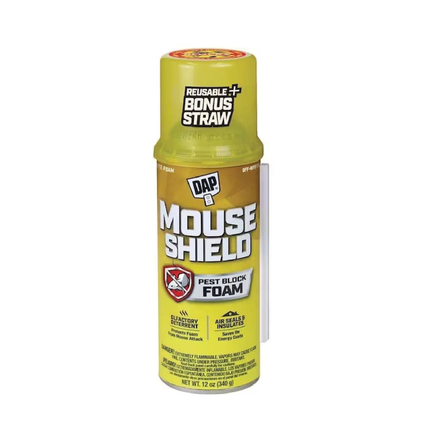 A 12 oz. yellow spray can of DAP TouchN Foam Mouse Shield Foam Sealant includes a label highlighting its pest-blocking features and comes with a bonus straw attachment.