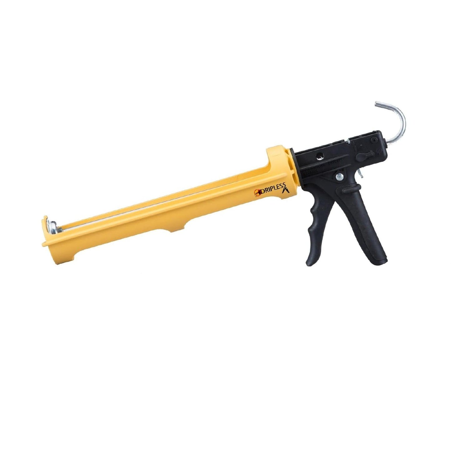 The DRIPLESS ETS5000 29 oz. 18/1 Composite Caulking Gun showcases vibrant yellow with a black trigger and handle, featuring an Ergonomic Grip on a white backdrop. It integrates Dripless Technology for seamless application.