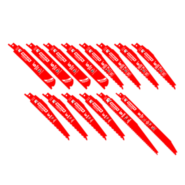 The Diablo DS0014S Set includes fourteen red bi-metal reciprocating saw blades arranged diagonally in three rows, each featuring printed text and markings. The blades vary slightly in design for cutting metal and nail-embedded wood, showcasing diverse cut patterns.