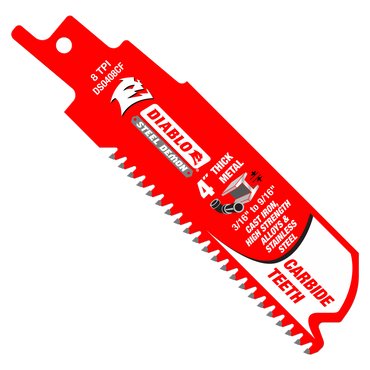 The Diablo DS0408CF3 Steel Demon™ 4-inch reciprocating saw blades pack, featuring carbide teeth and Perma-SHIELD® coating, is designed for extreme metal cutting.