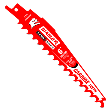 Image of a Diablo DS0603CP3 6 in. Demo Demon saw blade with 3TPI, featuring a red design and demon face logo. Expertly crafted for pruning clean wood, this carbide-tipped blade ensures durability and performance. Comes in a 3-pack.