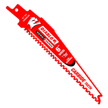 Image of a Diablo DIABLO DS0606CWS3 red and white reciprocating saw blade, ideal for cutting nail-embedded wood, featuring durable carbide teeth and 5/7 TPI text for efficiency.