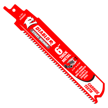 The image features a Diablo DS0608CF3 Steel Demon reciprocating saw blade, prominent in red with bold white text: 6 inch, thick metal, carbide teeth. Ideal for extreme metal cutting, its tooth design and power tool graphic make it perfect for slicing through stainless steel effortlessly.