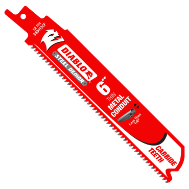 The Diablo Steel Demon 6 reciprocating saw blade, model DS0612CF3, features carbide teeth for cutting thin metal conduit. With 12 TPI, it offers a cutting life 50X longer than standard blades and delivers efficient performance.