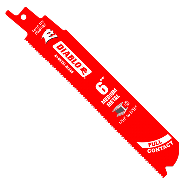 The image features a Diablo DS0614BF5 6-inch, 14/18 TPI bi-metal reciprocating saw blade with Full Contact Arched Design and Perma-SHIELD® Coating. This red blade with the demons head logo is ideal for precise, durable medium metal cutting.