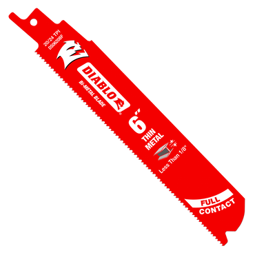 The Diablo DS0620BF5 6-inch 20/24 TPI Bi-Metal Reciprocating Saw Blades come in a 5-pack and feature an ultra-hardened cutting edge ideal for thin metal. Clear branding and usage directions are printed in white on the blades.