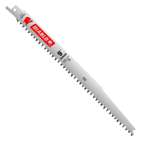 The Diablo DS0905FG5 9 in. Fleam Ground Reciprocating Saw Blade features a white body with red branding and sharp, jagged teeth. As a 5 TPI pruning blade, it offers exceptional performance for wood cutting tasks.