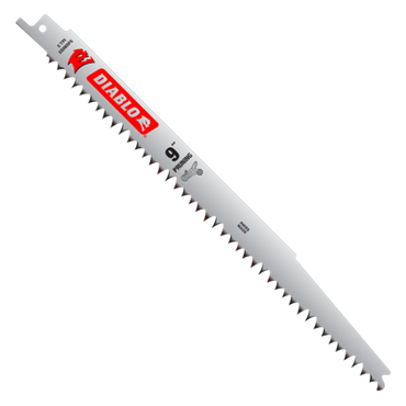 The Diablo DS0905FG5 9 in. Fleam Ground Reciprocating Saw Blade features a white body with red branding and sharp, jagged teeth. As a 5 TPI pruning blade, it offers exceptional performance for wood cutting tasks.