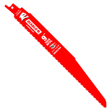 The Diablo DS0908BFD5 9-inch 8/10 TPI bi-metal reciprocating saw blades, ideal for thick metal demolition, boast a jagged, ultra-hardened edge for outstanding performance.