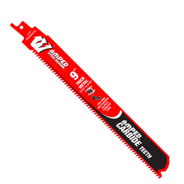 The Diablo DS0908CFA3 9-inch AMPED™ Steel Demon™ reciprocating saw blade has tapered carbide teeth for thick metal cutting, features red design with white and black branding, and is enhanced with a Black I.C.E. coating for durability. Comes in a pack of three.