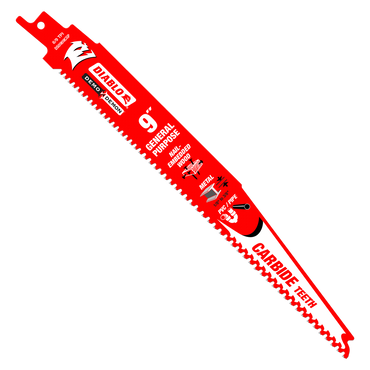 The Diablo DS0909CGP3 9-inch Demo Demon™ reciprocating saw blade features a variable tooth design for cutting wood and metal. It proudly displays General Purpose and Carbide Teeth, with icons of a nail and wrench highlighting its versatility.