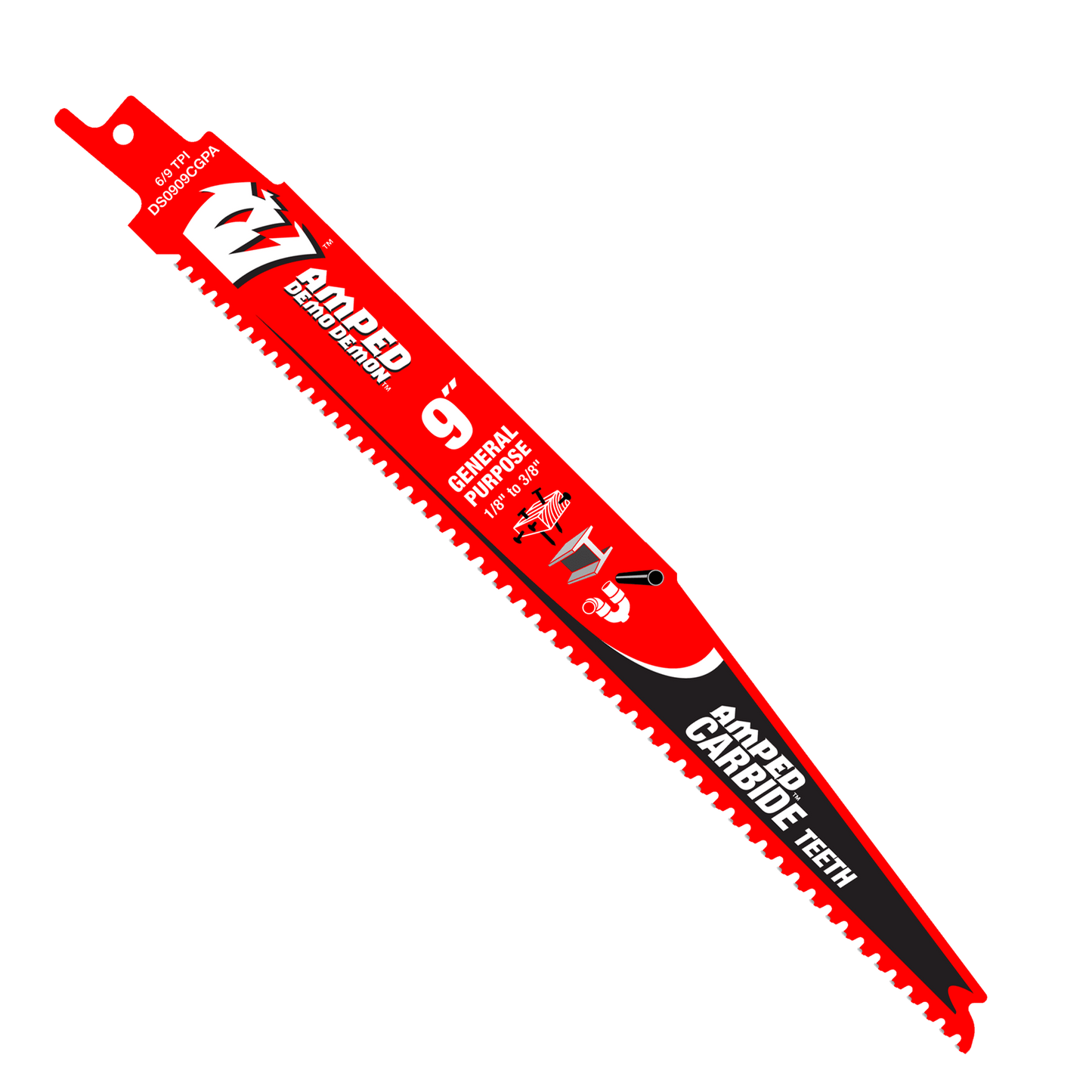 Image of a red 9-inch DIABLO DS0909CGPA3 AMPED Demo Demon carbide teeth reciprocating saw blade. Features include General Purpose Thick Metal text, tool graphics, and Diablo logo, crafted for heavy-duty cuts with high-performance efficiency.