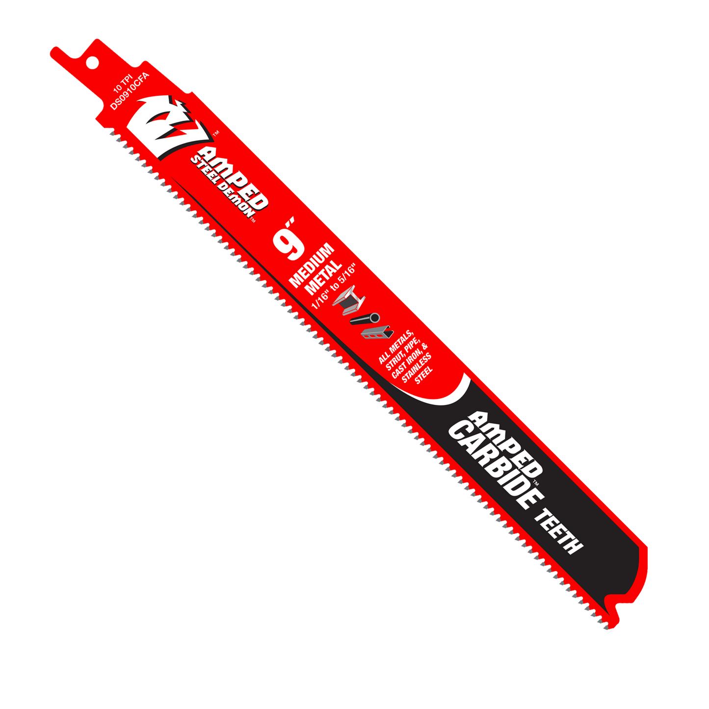 The Diablo DS0910CFA3 9 in. 10 TPI AMPED™ Steel Demon™ Carbide Teeth Reciprocating Saw Blades for Medium Metal (3-Pack) in red and black feature sharp carbide teeth, precision, and durability, with icons for compatible materials and tools.