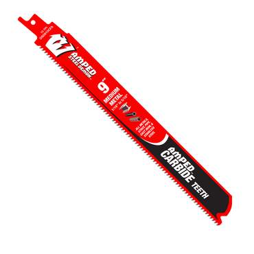 The Diablo DS0910CFA3 9 in. 10 TPI AMPED™ Steel Demon™ Carbide Teeth Reciprocating Saw Blades for Medium Metal (3-Pack) in red and black feature sharp carbide teeth, precision, and durability, with icons for compatible materials and tools.