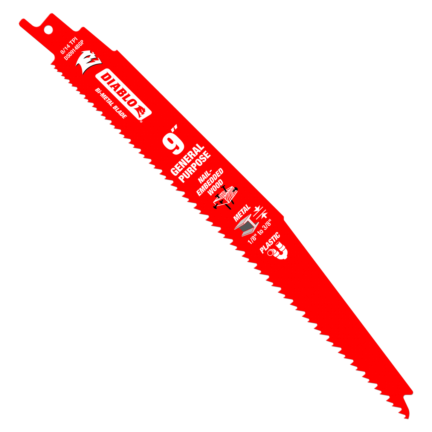 The DIABLO DS0914BGP5 9-inch Bi-Metal reciprocating saw blades cater to general purpose cuts in wood, metal, and plastic. With an 8/14 TPI design, these blades offer precision with a pointed tip and jagged edge. Comes in a convenient 5-pack by Diablo.