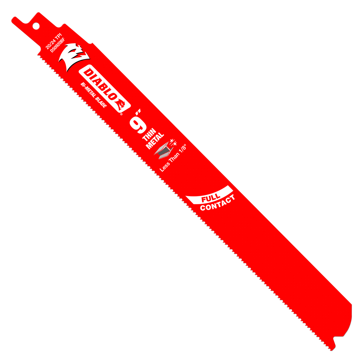 The red 9-inch Diablo DS0920BF5 reciprocating saw blade, with an ultra-hardened edge, is ideal for cutting thick metal. It features Full Contact, Diablo logos, and indicates Thick Metal on the blade.