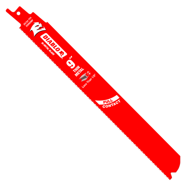 The red 9-inch Diablo DS0920BF5 reciprocating saw blade, with an ultra-hardened edge, is ideal for cutting thick metal. It features Full Contact, Diablo logos, and indicates Thick Metal on the blade.